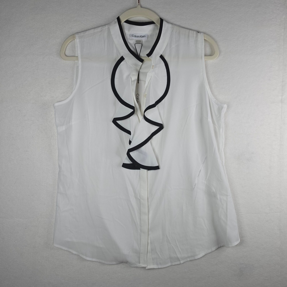 Calvin Klein Sleeveless Ruffle Front‎ Blouse M White Black Contrast Trim